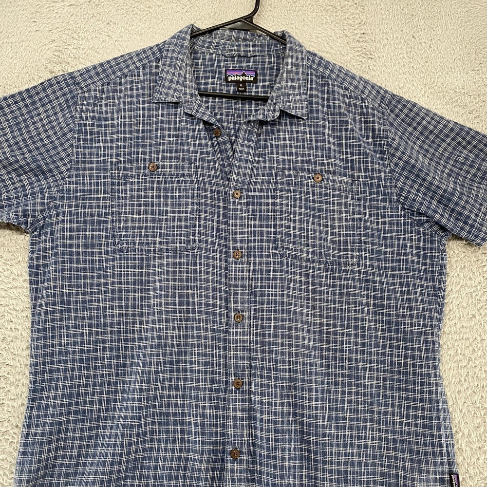 Patagonia Back Step Shirt‎ Mens XL Blue Plaid Hemp Cotton Short Sleeve Button Up - Picture 3 of 13